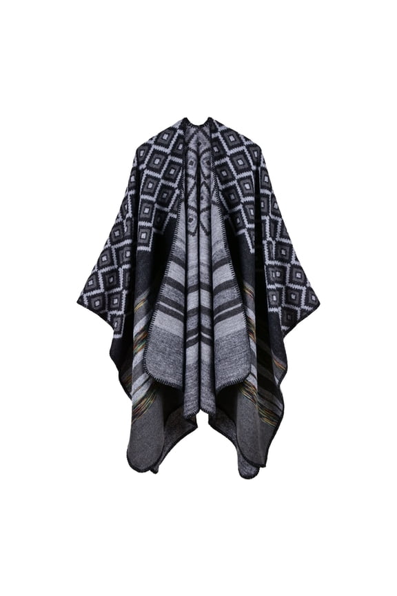 Poncho Shawl Boho Cardigans Travel Plaid Shawl Open Front Cape Warm Oversized Sweaters Casual Cardigan Shawls Fall Winter Blanket Shawl Wraps Basic Poncho Color Block Sweater Black One Size