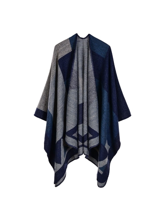 Poncho Shawl Boho Cardigans Women's Shawl Open Front Cape Oversized Sweaters Casual Cardigan Shawls for Fall Winter Blanket Shawl Wraps Off The Shoulder Poncho Knitted Poncho Navy One Size