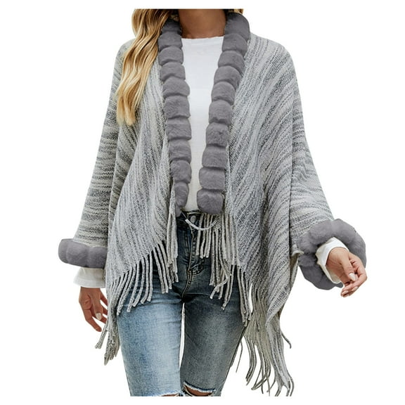 VISALY Poncho Shawl Boho Cardigans Women's Size Scarf Shawl Wrap Young Fringe Cape Cardigan Baggy Party Plush Spacious Coat Open Front Cape Blanket Shawl Wraps Fringe Poncho Grey One Size