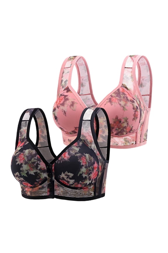 , Printing Optimization Front Buckle Mother Underwear Female Pull-Up, Plus Size Sticky Bra for Large Breasts Bandeau Bra for Large Breasts for Women Plus Size front snap bra, Black2,L