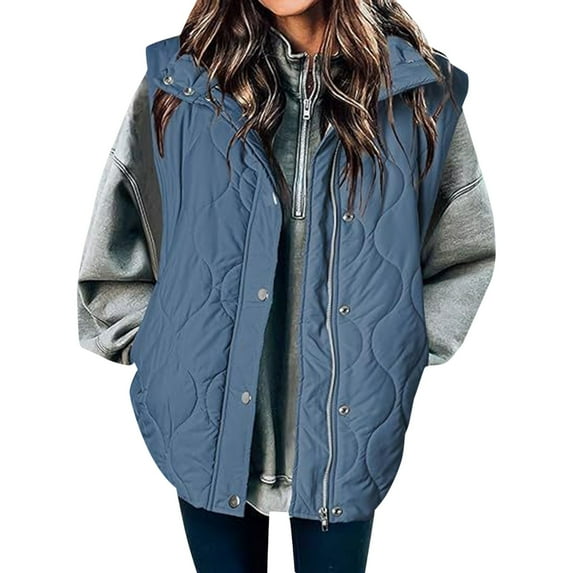 VISALY Puffer Vest Women Plain Colored Sleeveless Quilted Jacket Lightweight Snap Zip Up Button Stand-Up Collar Down with Pockets Outerwear for Winter Blue L