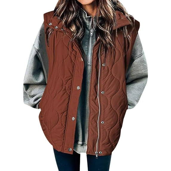 VISALY Puffer Vest Women Plain Colored Sleeveless Quilted Jacket Lightweight Snap Zip Up Button Stand-Up Collar Down with Pockets Outerwear for Winter Brown S