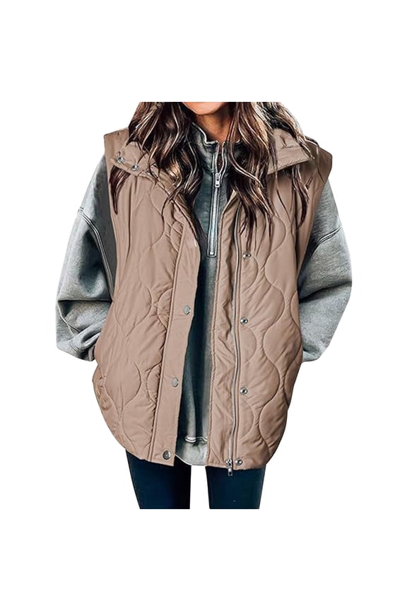 Puffer Vest Women Plain Colored Sleeveless Quilted Jacket Lightweight Snap Zip Up Button Stand-Up Collar Down with Pockets Outerwear for Winter Khaki M