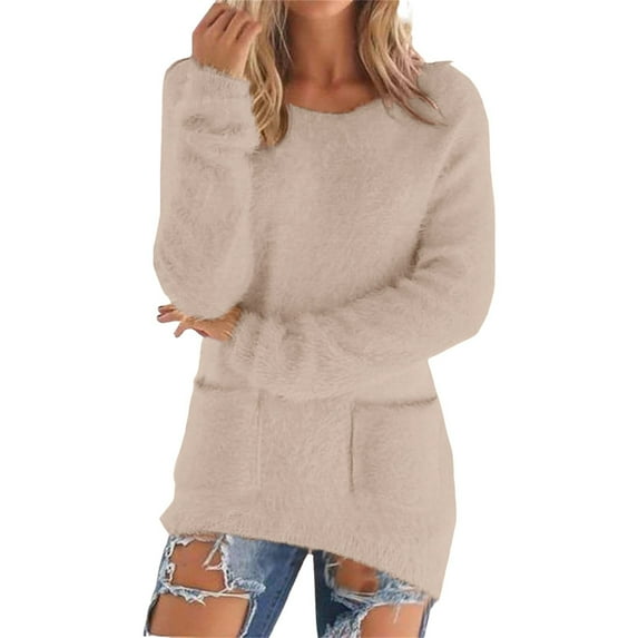 VISALY Pullover Crewneck Sweaters Oversized Sweaters Long Sleeve Pullovers Loose Fluffy Fuzzy Jumper Sweater Mid Long Sweaters with Pockets Cardigan Jacket Plain Sweatshirt Sweatshirts Khaki Xxl