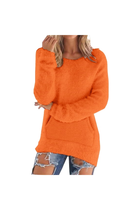 Pullover Crewneck Sweaters Oversized Sweaters Loose Fluffy Fuzzy Pullover Casual Top Solid Long Sleeve Jumper Sweaters Long Blouse with Pockets Basic Tops Tops Soft Long Sleeve Orange M