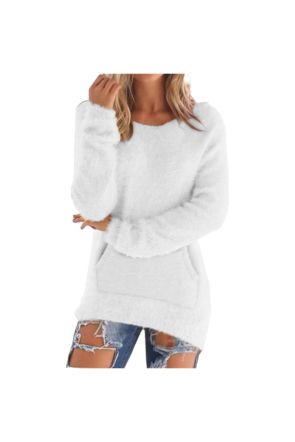 Pullover Crewneck Sweaters Oversized Sweaters Loose Fluffy Fuzzy Pullover Casual Top Solid Long Sleeve Jumper Sweaters Long Blouse with Pockets Sweatshirts Loose Fit Soft Tops White M
