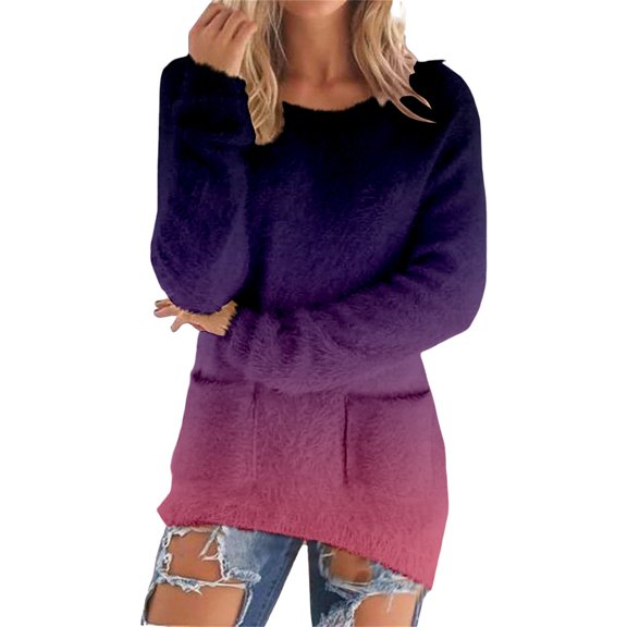 VISALY Pullover Crewneck Sweaters Oversized Sweaters Loose Fluffy Fuzzy Pullover Long Sleeve Jumper Sweaters Long Sweatshirts Tunic Tops with Pockets Thick Tops Trendy Tops Thick Tops Dark Purple L