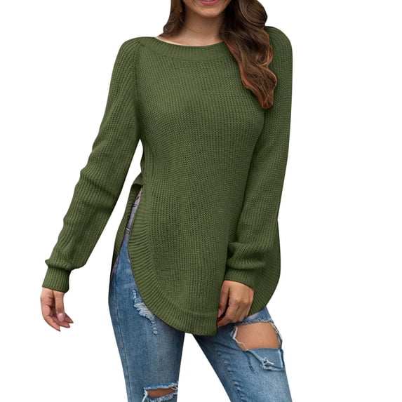 VISALY Pullover Crewneck Sweatshirt Cotton Sweaters Sweaters Casual Loose Fit Long Sleeve Solid Color Side Slit Knit Sweater Pullover Crochet Sweaters Sweaters Trendy Fashion Sweatshirt Green M