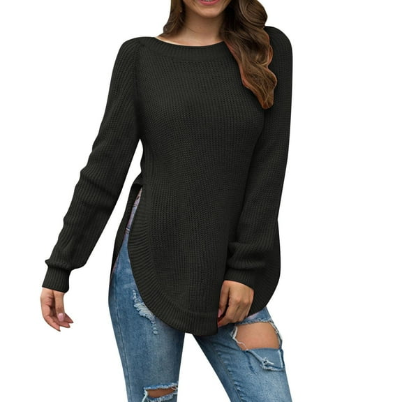 VISALY Pullover Crewneck Sweatshirt Cotton Sweaters Sweaters Casual Loose Fit Long Sleeve Solid Color Side Slit Knit Sweater Pullover Crochet Sweaters Sweaters Trendy Fashion Sweatshirt Black M