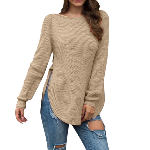 VISALY Pullover Crewneck Sweatshirt Cotton Sweaters Sweaters Casual Loose Fit Long Sleeve Solid Color Side Slit Knit Sweater Pullover Crochet Sweaters Sweaters Trendy Fashion Sweatshirt Khaki L