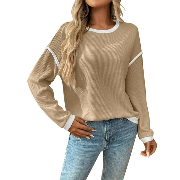 VISALY Pullover Crewneck Sweatshirt Cotton Sweaters Women's Casual Patchwork Contrast Color Long Sleeve Sweatshirt Oversized Sweatshirt Business Casual Sweater Sweater Shirts Khaki Xxl