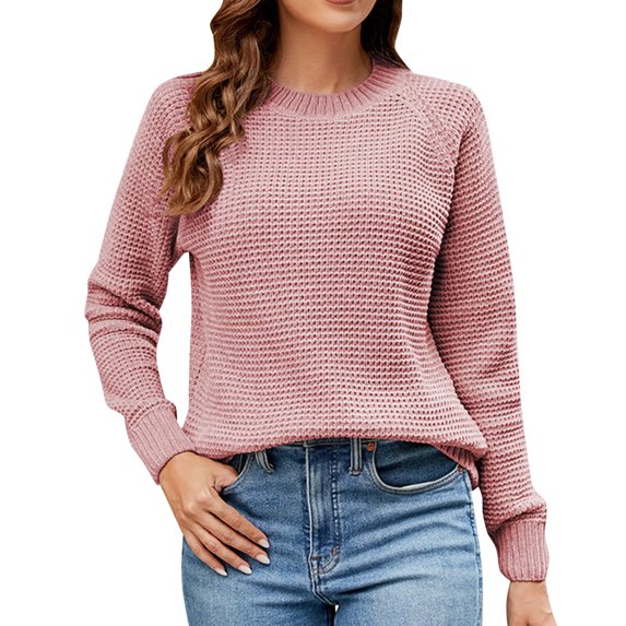 VISALY Pullover Crewneck Sweatshirt Crochet Sweaters Casual Long Sleeve Pullover Sweaters O Neck Oversized Ribbed Knit Fall Winter Sweater Loose Fit Hoodie Baggy Sweaters Tunic Sweater Pink S