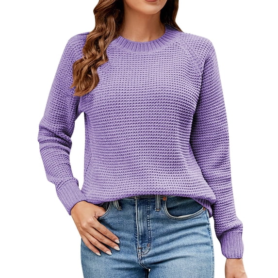 VISALY Pullover Crewneck Sweatshirt Crochet Sweaters Casual Long Sleeve Pullover Sweaters O Neck Oversized Ribbed Knit Fall Winter Sweater Loose Fit Hoodie Baggy Sweaters Tunic Sweater Purple S