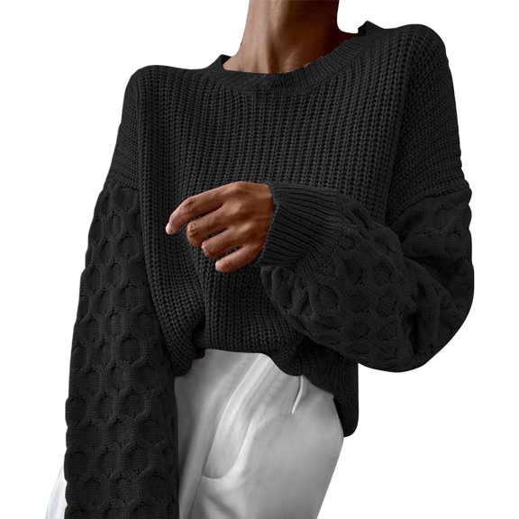 VISALY Pullover Crewneck Sweatshirt Crochet Sweaters Fall Fashion Pullover Sweaters Long Sleeve Cable Knit Sweater Casual Chunky Tops Women Pullover Sweaters Sweatshirts Comfy Sweaters Black One Size