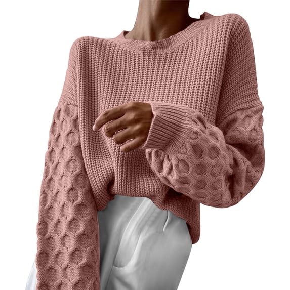 VISALY Pullover Crewneck Sweatshirt Crochet Sweaters Fall Fashion Pullover Sweaters Long Sleeve Cable Knit Sweater Casual Chunky Tops Women Pullover Sweaters Sweatshirts Comfy Sweaters Pink One Size