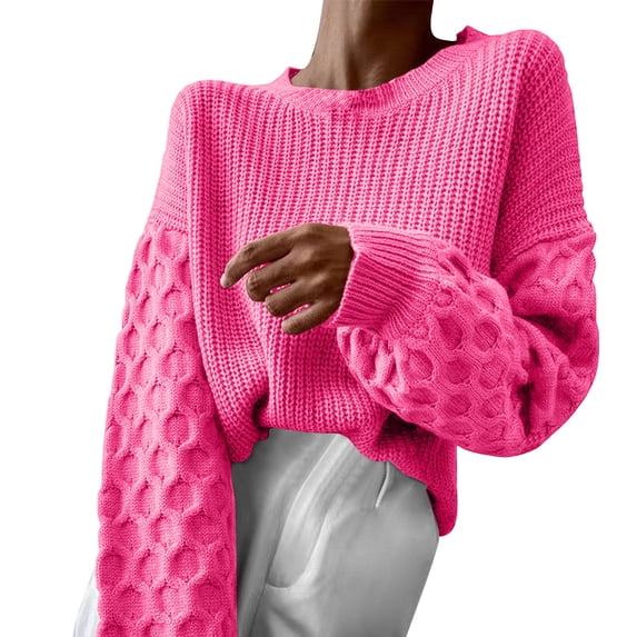 VISALY Pullover Crewneck Sweatshirt Crochet Sweaters Fall Fashion Sweaters Long Sleeve Cable Knit Sweater Casual Chunky Tops Women Pullover Sweaters Sweatshirts Comfy Sweaters Hot Pink One Size