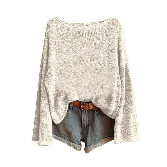 VISALY Pullover Crewneck Sweatshirt Crochet Sweaters Knitted Pullover Sweater Fashion Long Sleeve Blouse Winter Warm Layer Top Going Out Shirts Soft Business Casual Sweater Basic Sweaters White S