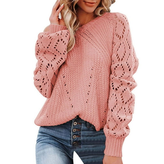VISALY Pullover Crewneck Sweatshirt Fashion Sweatshirt Womens Crewneck Crochet Lace Long Sleeve Cable Knit Pullover Sweaters Tops Mesh Sweaters Long Sleeve Pullover Sweaters Pink M