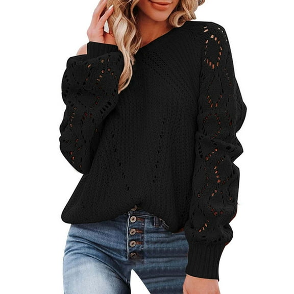 VISALY Pullover Crewneck Sweatshirt Fashion Sweatshirt Womens Crewneck Crochet Lace Long Sleeve Cable Knit Pullover Sweaters Tops Mesh Sweaters Long Sleeve Pullover Sweaters Black Xl