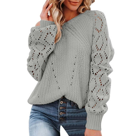 VISALY Pullover Crewneck Sweatshirt Fashion Sweatshirt Womens Crewneck Crochet Lace Long Sleeve Cable Knit Pullover Sweaters Tops Mesh Sweaters Long Sleeve Pullover Sweaters Grey S