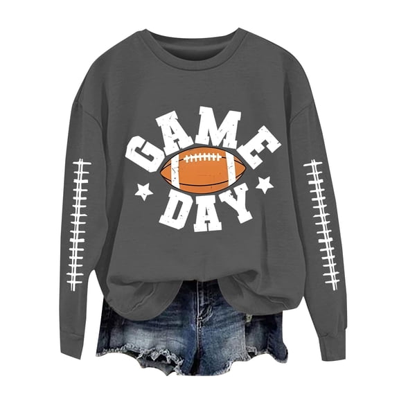 VISALY Pullover Crewneck Sweatshirt Graphic Sweatshirts Football Sweatshirts Cute Baseball Graphic Print Long Sleeve Shirts Fall Winter Pullover Casual Sweaters Oversized Tops Tunic Tops Dark Grey M