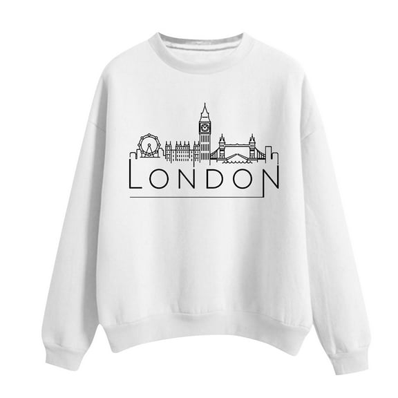 VISALY Pullover Crewneck Sweatshirt Graphic Sweatshirts Women's Solid Round Neck Long Sleeved London Printed Casual Sweaters Womens Sweatshirts Sweatshirt for Women White M