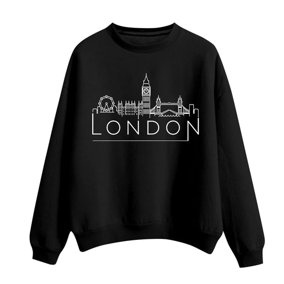 VISALY Pullover Crewneck Sweatshirt Graphic Sweatshirts Women's Solid Round Neck Long Sleeved London Printed Casual Sweaters Womens Sweatshirts Sweatshirt for Women Black L