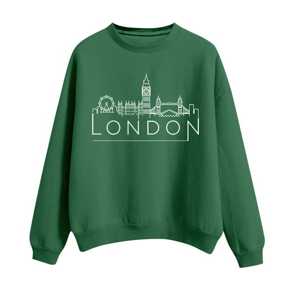 VISALY Pullover Crewneck Sweatshirt Graphic Sweatshirts Women's Solid Round Neck Long Sleeved London Printed Casual Sweaters Womens Sweatshirts Sweatshirt for Women Green S
