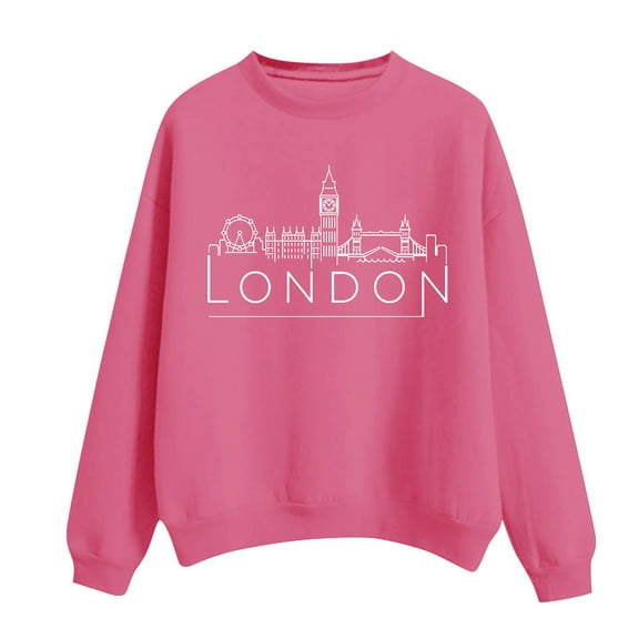 VISALY Pullover Crewneck Sweatshirt Graphic Sweatshirts Women's Solid Round Neck Long Sleeved London Printed Casual Sweaters Womens Sweatshirts Sweatshirt for Women Hot Pink L