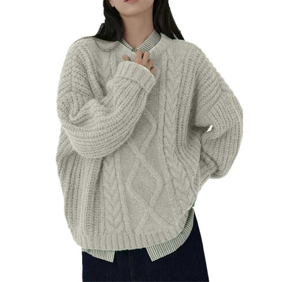 VISALY Pullover Crewneck Sweatshirt Knit Sweater Cable Knit Sweaters for Women Casual Knit Pullover Sweater Long Sleeves Jumper Tops Crochet Sweaters Women Pullover Sweaters Sweatshirts White One Size