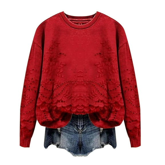 VISALY Pullover Crewneck Sweatshirt Print Sweatshirt Casual Crew Neck Oversized Sweatshirt Long Sleeve Preppy Sweatshirts Fall Pullover Sweaters Cable Knit Sweaters Sweatshirt Basic Sweatshirt Red Xl