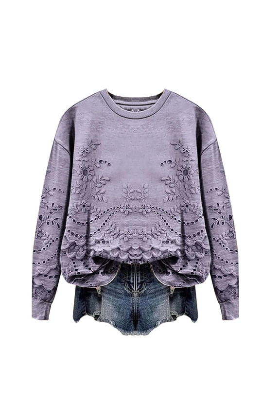 Pullover Crewneck Sweatshirt Print Sweatshirt Casual Oversized Sweatshirt Long Sleeve Preppy Sweatshirts Fall Pullover Sweaters Cable Knit Sweaters Dressy Sweaters Basic Sweatshirt Purple M