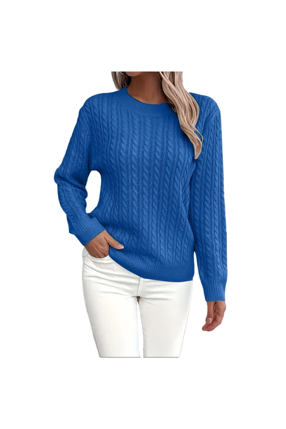 Pullover Crewneck Sweatshirt Ribbed Long Sleeve Tops Sweaters Fall Fashion Solid Round Neck Casual Knit Sweater Sweater Crochet Sweaters Running Sweatshirts Half Zip Pullover Women Blue S