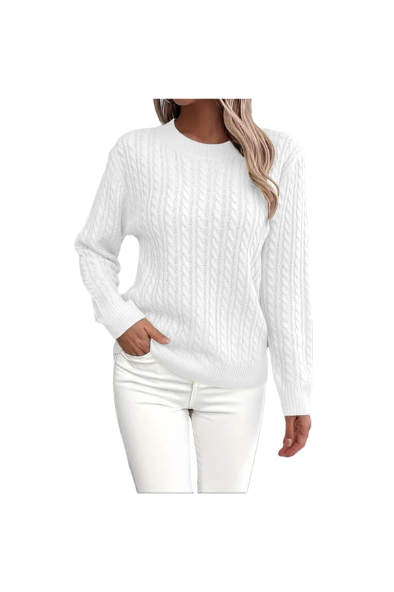 Pullover Crewneck Sweatshirt Ribbed Long Sleeve Tops Sweaters Fall Fashion Solid Round Neck Casual Knit Sweater Sweater Crochet Sweaters Running Sweatshirts Half Zip Pullover Women White M