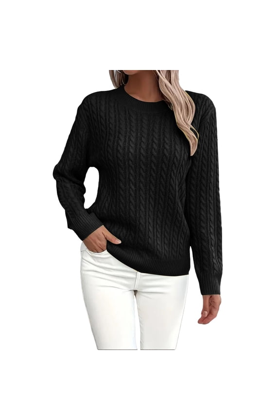 Pullover Crewneck Sweatshirt Ribbed Long Sleeve Tops Sweaters Fall Fashion Solid Round Neck Casual Knit Sweater Sweater Crochet Sweaters Running Sweatshirts Half Zip Pullover Women Black S