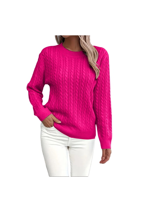 Pullover Crewneck Sweatshirt Ribbed Long Sleeve Tops Sweaters Fall Fashion Solid Round Neck Casual Knit Sweater Sweater Crochet Sweaters Running Sweatshirts Half Zip Pullover Women Pink S