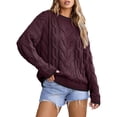 thumbnail image 1 of VISALY Pullover Crewneck Sweatshirt Ribbed Long Sleeve Tops Trendy Long Sleeve Sweater Tops Fall Chunky Cable Knit Pullover Sweaters Thick Sweatshirts Business Casual Sweaters Casual Sweatshirt Wine M, 1 of 6