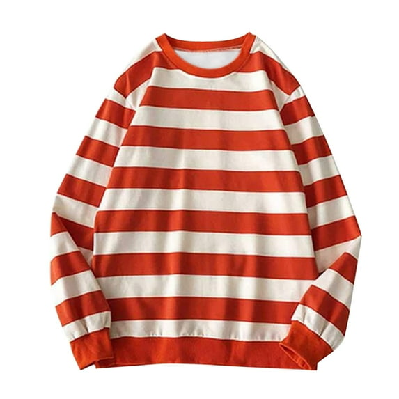 VISALY Pullover Crewneck Sweatshirt Striped Sweater Autumn Winter Sweatshirt Round Pullover Tops Long Sleeved Stripe Blouse Casual Sweaters Basic Sweatshirts Half Zip Pullover Women Orange L