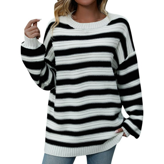 VISALY Pullover Crewneck Sweatshirt Striped Sweater Women's Casual Long Sleeve Pullover Sweaters O Neck 2023 Fall Winter Sweater Jumper Tops Crochet Sweaters Baggy Sweaters Office Sweater White M