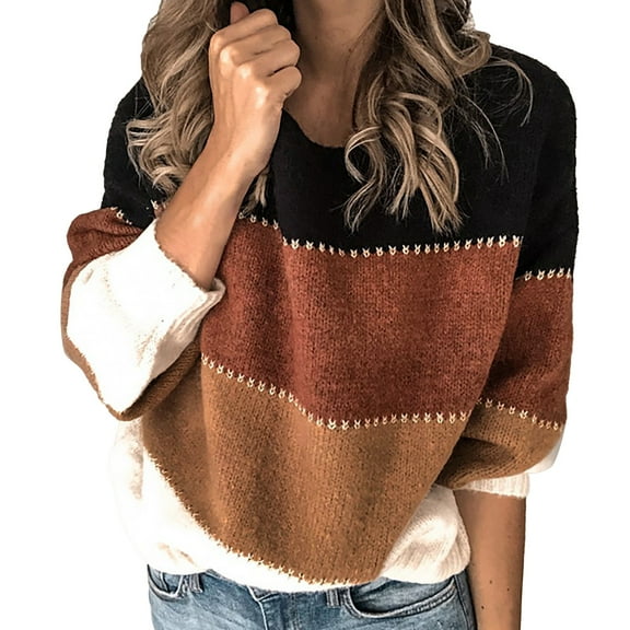 VISALY Pullover Crewneck Sweatshirt Striped Sweater Women's Sweaters Casual Long Sleeve Patchwork Pullover Knit Sweater Tops Crochet Sweaters Thick Sweatshirts Business Casual Sweaters Khaki M