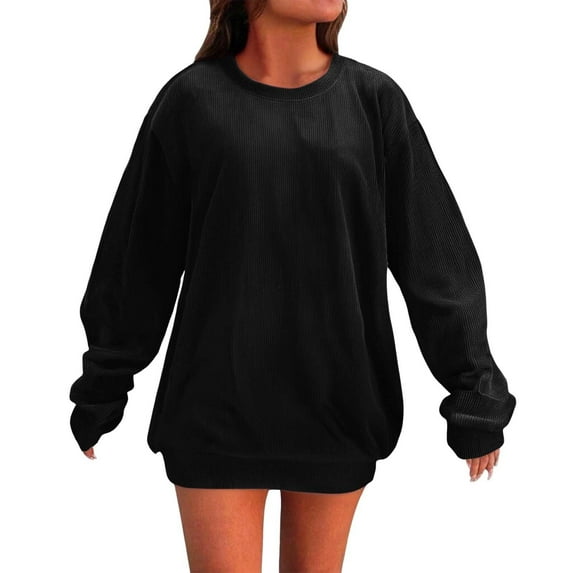 VISALY Pullover Crewneck Sweatshirt Tunic Sweatshirt Autumn Winter Casual Sport Solid Pullover Tops Long Sleeve Crewneck Oversized Sweatshirts Comfy Sweaters Sweatshirt Thick Sweatshirts Black L