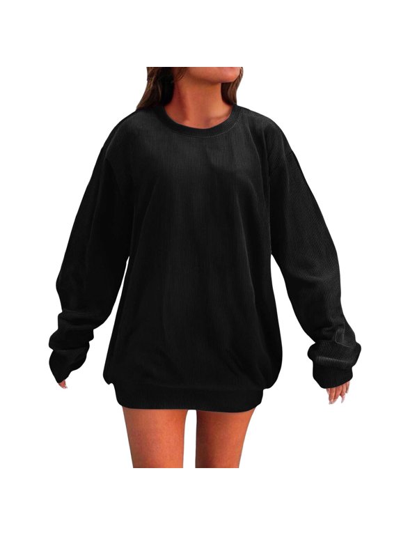 Pullover Crewneck Sweatshirt Tunic Sweatshirt Autumn Winter Casual Sport Solid Pullover Tops Long Sleeve Crewneck Oversized Sweatshirts Comfy Sweaters Sweatshirt Thick Sweatshirts Black L