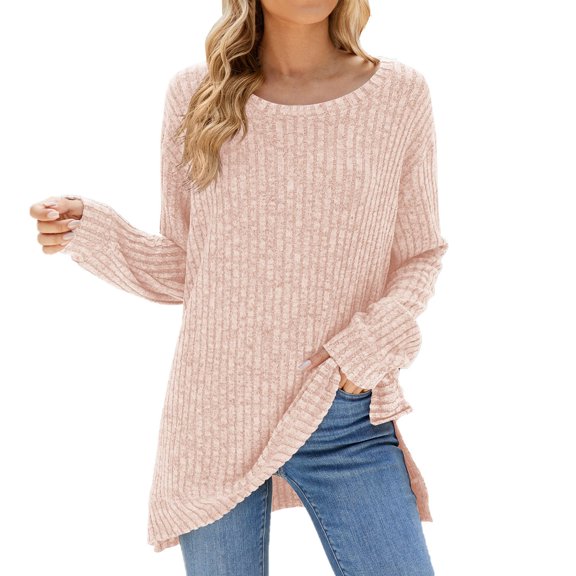 VISALY Pullover Crewneck Sweatshirt Tunic Sweatshirt Long Sleeve Shirts Loose Fit Casual Tops Fall Fashion Pullover Sweaters Side Oversized Sweatshirt Pullover Women Sweater Shirts Pink L