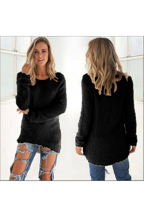 Pullover Crewneck Sweatshirt Tunic Sweatshirt Womens Casual Solid Long Sleeve Jumper Sweaters Blouse Long Sleeve Sweater Pullover Sweatshirts for Women Fitted Sweater Black L
