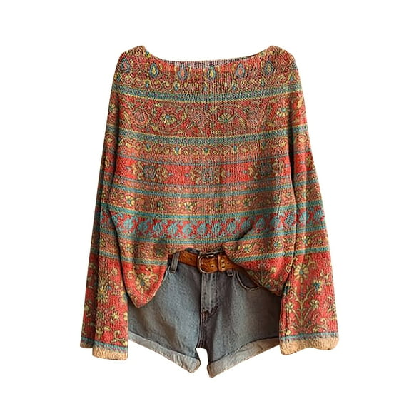VISALY Pullover Sweaters Boho Tops Art Print Casual Pullover Sweater Knitted Pullover Sweater Fashion Long Sleeve Crewneck Blouse Fall Winter Lightweight Hoodie Casual Tops Casual Sweatshirt Orange M