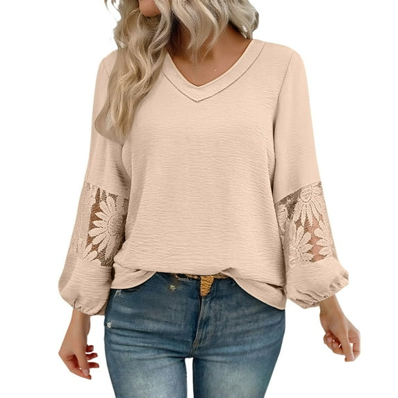 VISALY Pullover Sweaters Casual Sweater Plus Size Pullover Linen Top Fashion Solid Color Lace Puff Long Sleeve V Neck Loose Blouses Tunic Top Loose Sweaters Dressy Jackets Female No Hoodies Beige Xxl