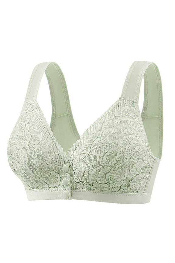 Push Up Bras for Women Front Closure Wireless Bra, Ladies Lace Front Buttoned Bra Wireless Ring Gathered and Anti-Sagging Bra, Bandeau Bras Bra for Older Women, Green,36B
