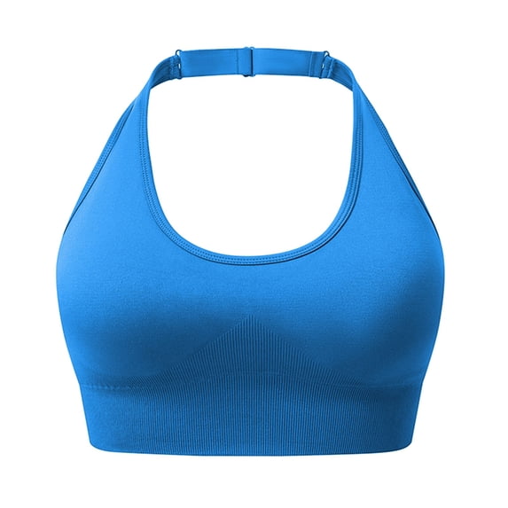 VISALY Push Up Sports Bras Halter Open Back Sports Bra Built-In Pads Seamless Stretch Crop Tank Top Breathable Slim Fit Workout Yoga Athletic Vest No Show Halter Workout Top Built In Bra Blue Xl