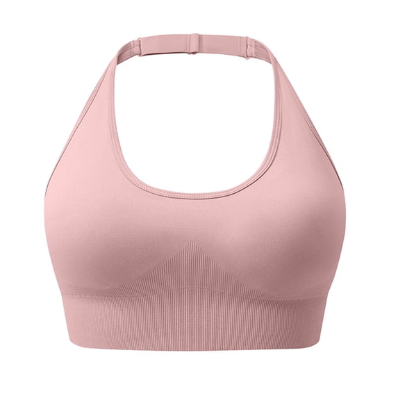 VISALY Push Up Sports Bras Halter Open Back Sports Bra Built-In Pads Seamless Stretch Crop Tank Top Breathable Slim Fit Workout Yoga Athletic Vest No Show Bras Workout Top Built In Bra Light Pink S