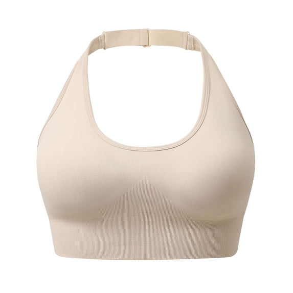 VISALY Push Up Sports Bras Halter Open Back Sports Bra Built-In Pads Seamless Stretch Crop Tank Top Breathable Slim Fit Workout Yoga Athletic Vest No Show Halter Workout Top Built In Bra Beige L